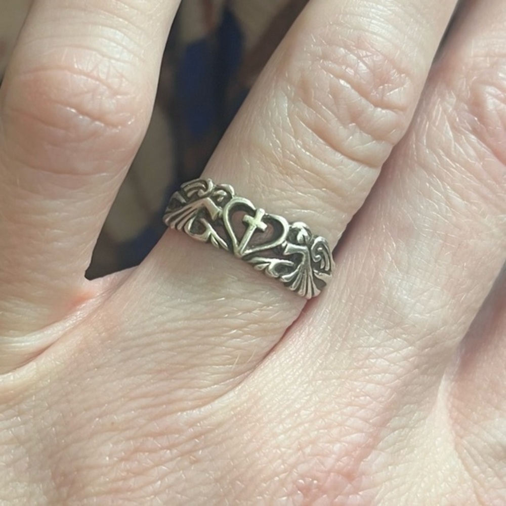 5/$75 Vintage 925 Sterling Silver Heart Cross and Angels Ring with Maker’s Mark